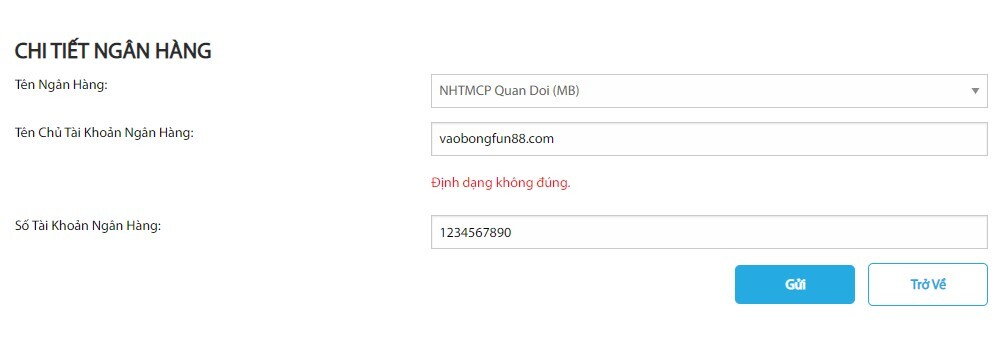 Xác nhận thông tin ngân hàng tại FUN88